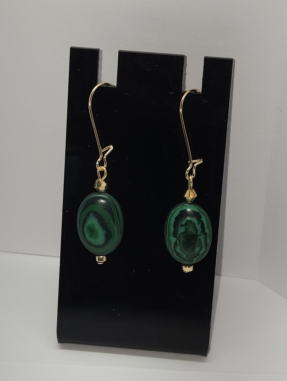 Green Malachite Drop Earrings Handmade Gold Tone Surgical Stainless Steel